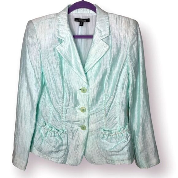 Lafayette 148 New York Jackets & Blazers - Lafayette 148 Size 8 Aqua Iridescent Crinkle Ruched Linen Blend Blazer $1498